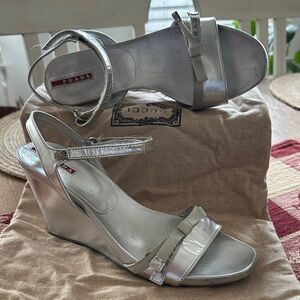 Prada Metallic Silver Wedge Sandals